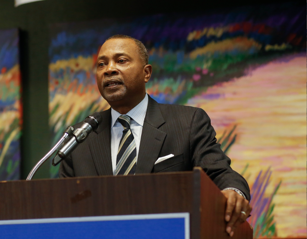Dr. Ricardo Brown welcomes participants during the 36th Annual JSU School of Social Work Conference at the Mississippi e-Center@JSU on Thursday. (Photo by Anissa Hidouk/JSU)