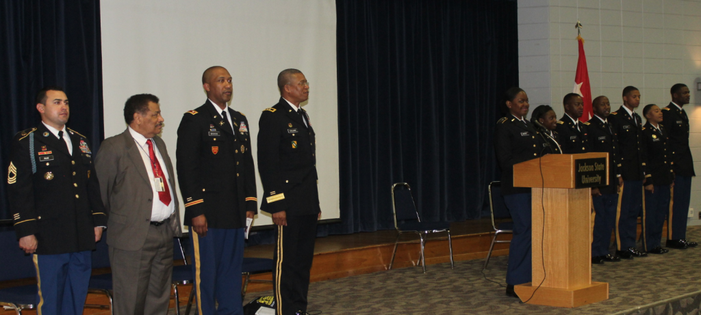 Faculty, staff and guests assembled to salute newly commissioned officers during the Jackson State University’s commissioning and pinning ceremony Saturday in the Jacob L. Reddix Hall.