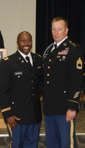 Cutline: Sgt. 1st Class Steven Lloyd, right, a JSU military science instructor, congratulates 2nd Lt. Earnest Ducksworth. (Photo courtesy of Brooke Visoski)