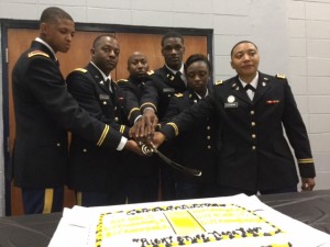 The U.S. Army’s newest commissioned second lieutenants prepare to celebrate. They are Treyvian Durr, left, Marcel Callahan, Earnest Ducksworth, Deuntae Greenfield, Tamera Cain and D’Andrea Eashmond. (Photo courtesy of Brooke Visoski)
