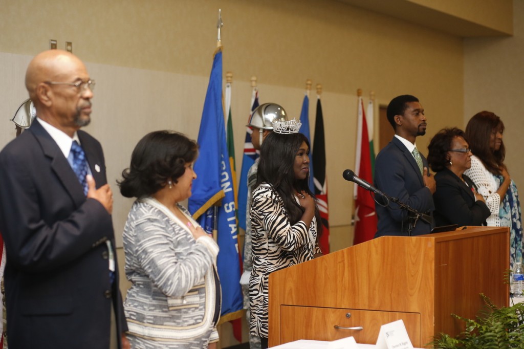 JSU President Carolyn W. Meyers joins dignitaries and Miss JSU Charence Higgins during a presentation of the colors. (Photo by Anissa Hidouk)
