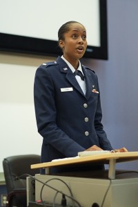 Lynn gives a rousing speech to cadets and visitors, crediting teamwork and faith for reaching this a milestone to become a second lieutenant. (Photo by Charles A. Smith/JSU)