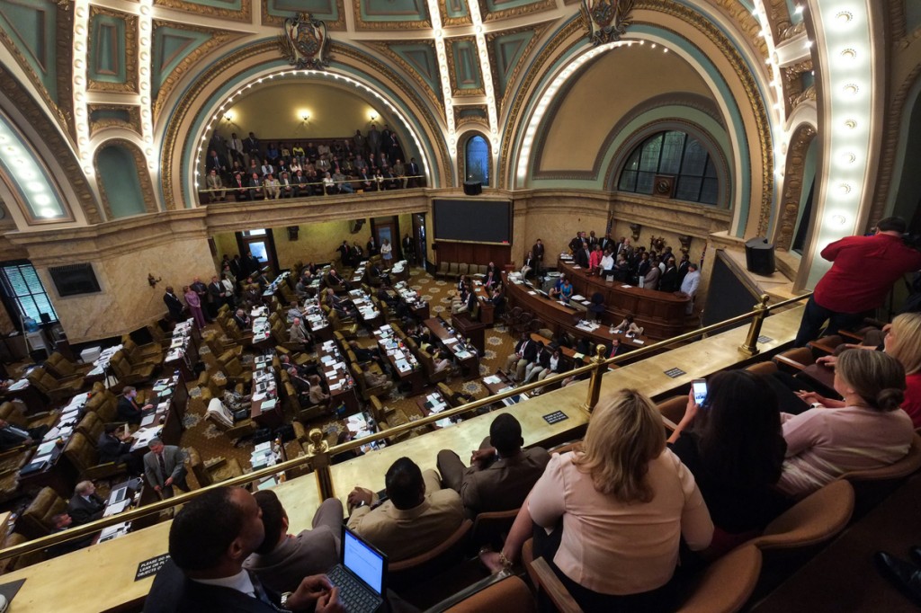 JSU leaders gather in the chambers of the Mississippi House to celebrate a resolution in honor of President Carolyn W. Meyers. (Photo by Charles A. Smith/JSU)