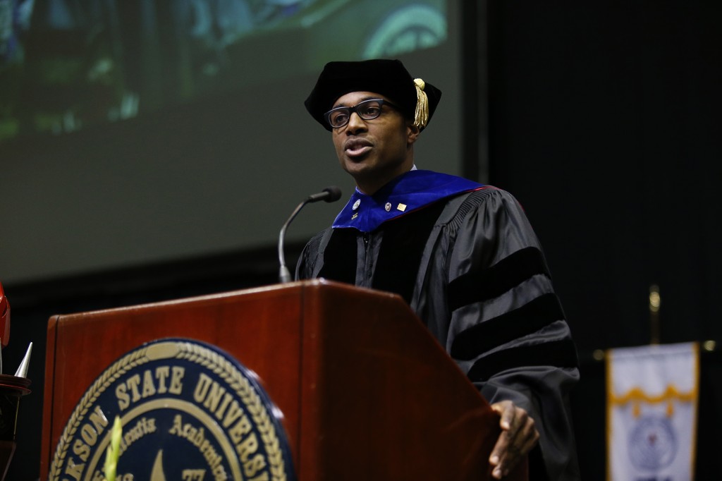 Dr. James T. Minor, a JSU alum and deputy assistant secretary in the Office of Postsecondary Education in the U.S. Department of Education, told graduates that “there are plenty of spaces for you to insert yourself and your newly minted master’s degree or Ph.D. into this social landscape to deal with challenges and opportunities. (Photo by Charles A. Smith/JSU)