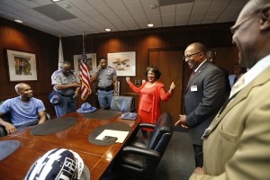 Surrounded by some of Mississippi’s bravest, an ebullient Meyers offers a huge welcome to those who sacrifice their lives daily to protect all Mississippians. (Photo by Charles A. Smith)