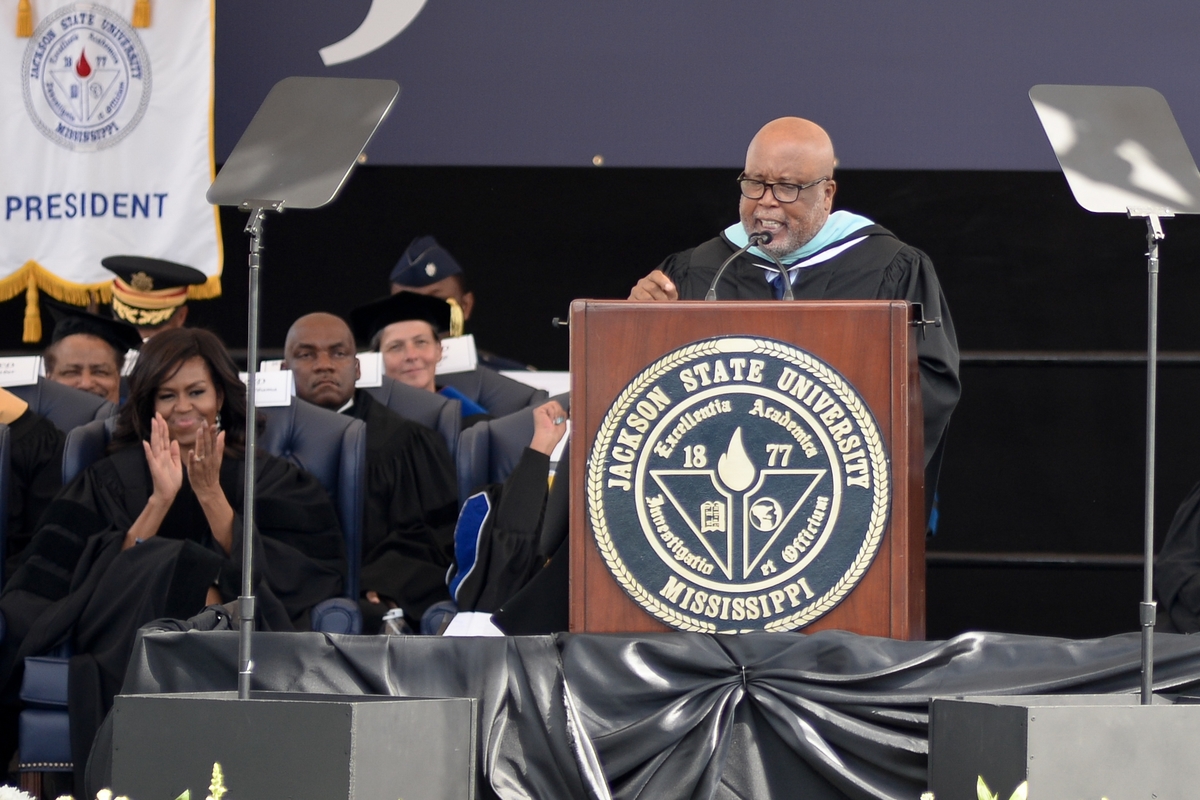 Of the first lady, Congressman Bennie Thompson said, “Never had we a star like the one who’s going to perform on this field today.” (Photo by Charles A. Smith)