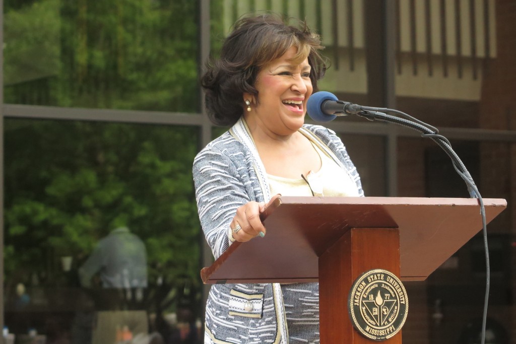 Thanking employees for commencement preparations, JSU President Carolyn W. Meyers, “People worked like I’ve never seen before. People are looking at JSU from Germany, Brazil, Japan, all over the world.” (Photo by Charles A. Smith/JSU)