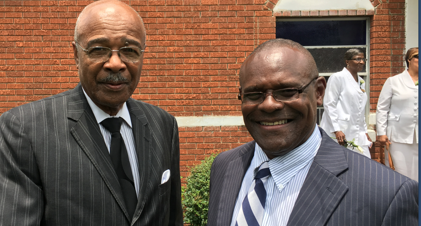 Rod Paige, a former JSU head football coach who also once served as the U.S. Secretary of Education greets current JSU Head Coach Tony Hughes. They both attended Thursday’s funeral for Hill.
