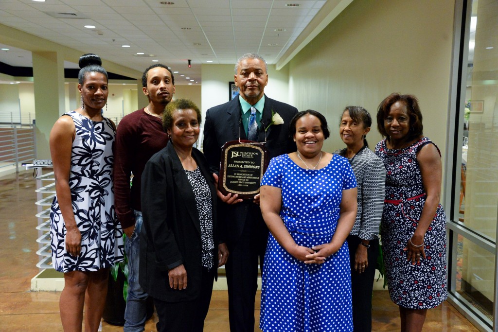 Family members celebrate the retirement of Dr. Allan A. Simmons, associate professor in the College of Education and Human Development. He worked 27 years at JSU. (Photo by Darek Ashley/JSU)