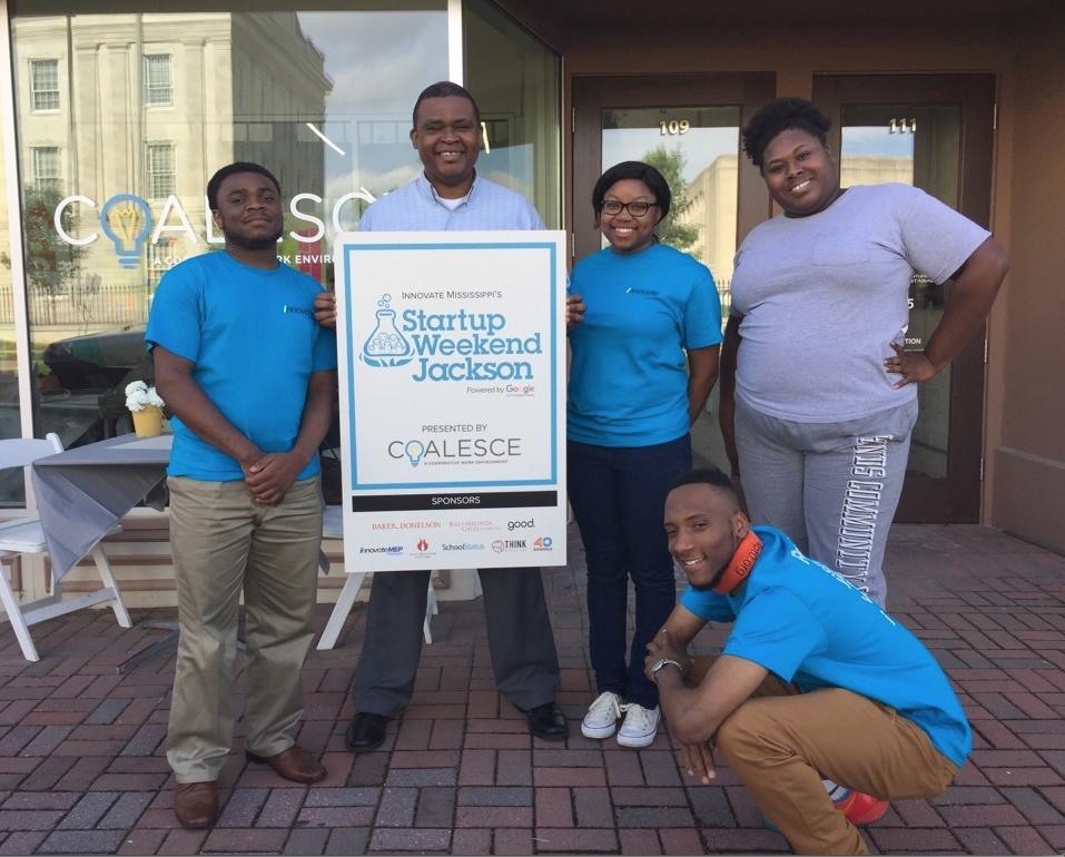 A team comprised mostly of Jackson State University students earned second place for developing an idea to convert methane gas into an alternative energy source. They are, from left, Joshua McCoy, a JSU sophomore entrepreneurship major; Michael Lee, a community team participant; Shani Walker, a recent JSU graduate in accounting; Brionna Wells, a JSU junior entrepreneurship major; and Javier High, a JSU junior business management major.