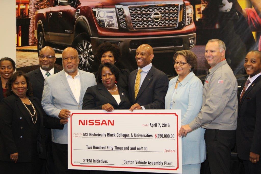 Congressman Bennie Thompson (fourth from left) and Dr. Loretta Moore, JSU vice president for Research and Federal Relations (fifth from left), join representatives from NISSAN and other Mississippi HBCUs in acknowledging the STEM Initiatives gift from Nissan North America Inc.