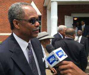 Roscoe Word, a former JSU and NFL player discusses the legacy of Hill at First New Hope Baptist Church, where mourners gathered to remember Hill.