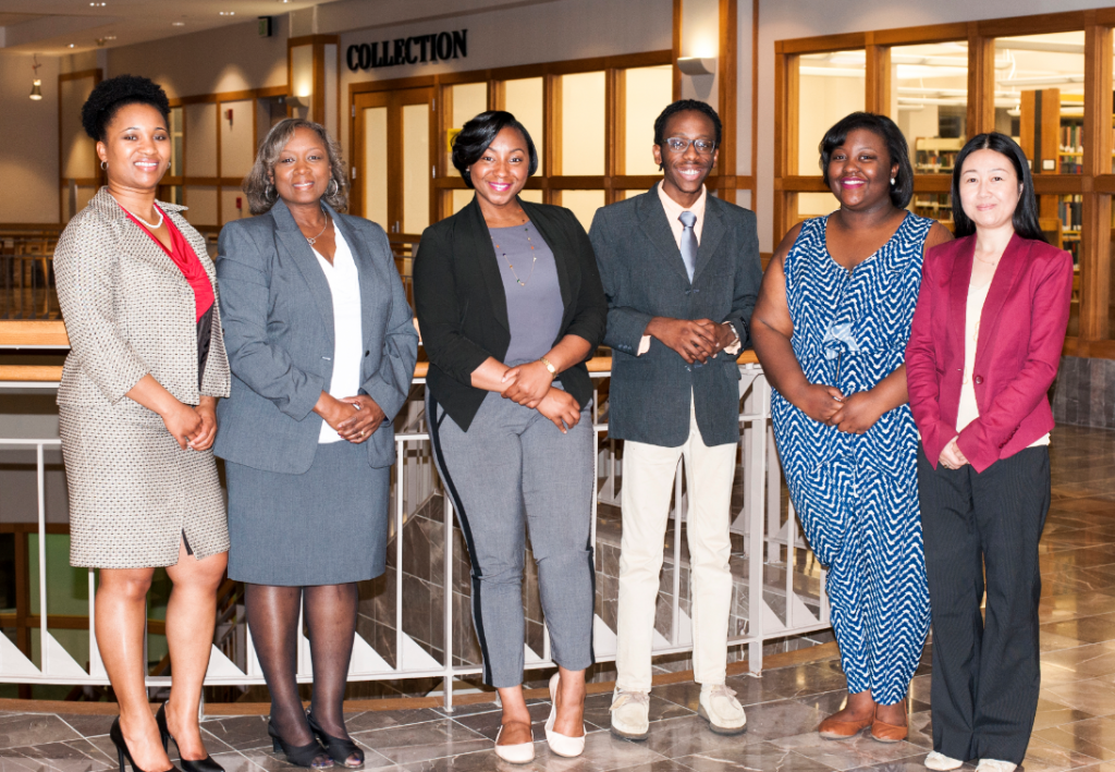 Dr. Deidre Wheaton, left, and Dr. Jie Ke, far right, are the primary contacts for summer research opportunities. They are pictured with four students who will participate in an eight-week internship program in California. They are Sheila Malone, second from left, LaQuinte Campbell, Leonard Ealy and Kayla Ballard.
