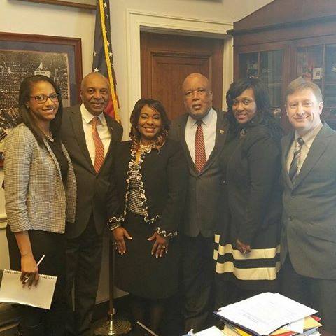 Individuals collaborating on the educational initiative include, left, JSU’s LeMia Jenkins; Dr. Roy Jones of Clemson University; JSU’s Felicia Kent, Congressman Bennie Thompson; JSU’s Dr. Tamika Bradley; and JSU’s Dr. Juette Bingham.