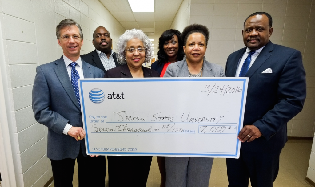 Mayo Flynt (AT&T MS President),left, Dr. Frederick Murray, chief academic officer for JPS; Thea T. Faulkner (Director, Partners in Education, JPS), Tamika Bradley (Interim Associate Dean), Nadine Gilbert (Principal Investigator), Daniel Watkins (Dean, College of Education)
