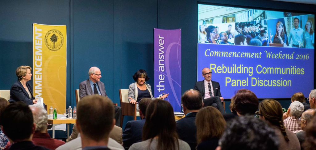 Pardee RAND panelists include: Dean Susan L. Marquis, left, Warren Olney, host of KCRW’s To The Point, President Meyers, and Arthur Brooks, president of American Enterprise Institute. (Photo by Diane Baldwin)