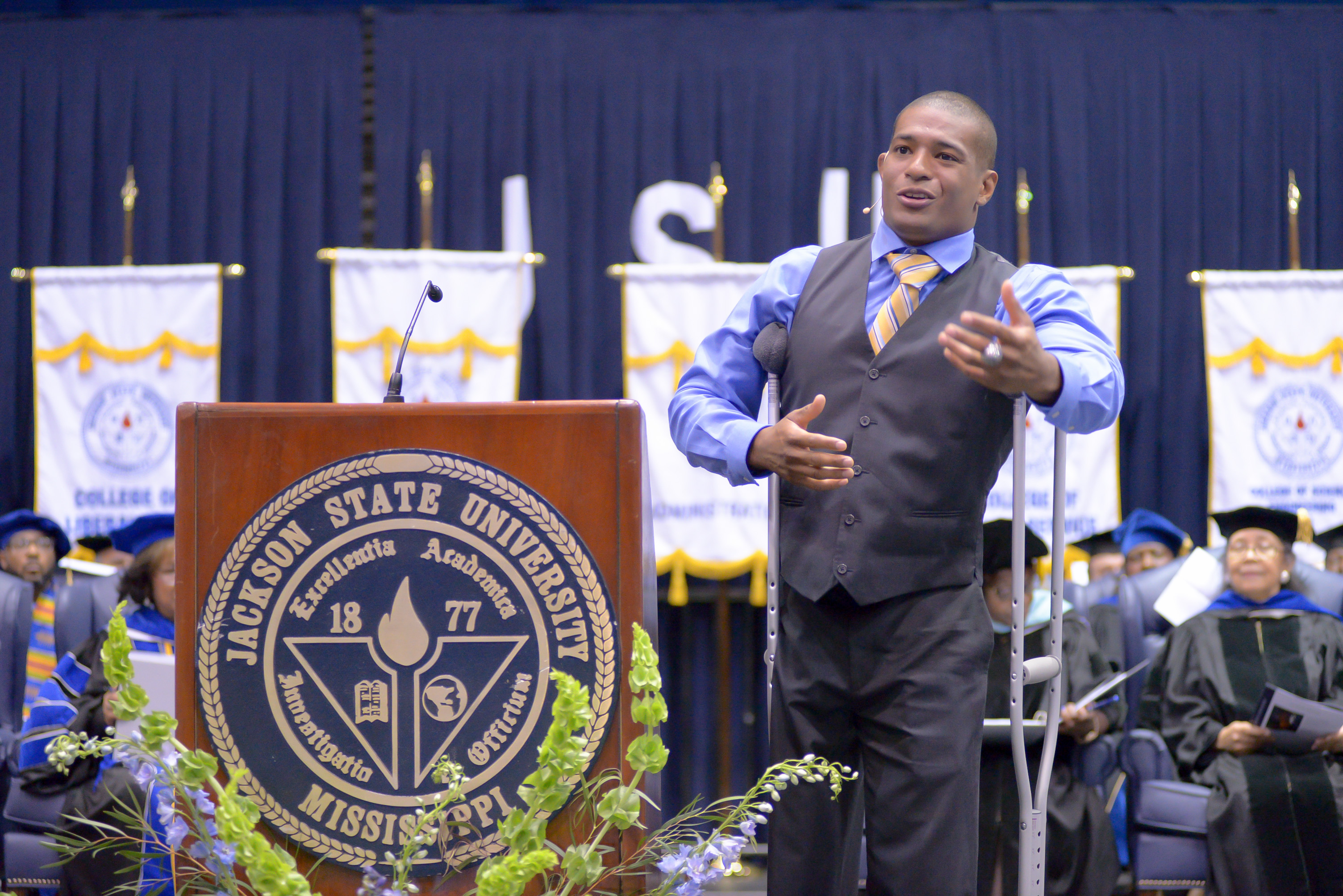 Born with one leg, convocation speaker Anthony Robles, of Arizona, delivers a powerful message about perseverance. Despite his challenges, he rose to become an NCAA wrestling champion. He is author of the book “Unstoppable: From Underdog to Undefeated: How I Became a Champion.”(Photo by Darek Ashley/JSU)