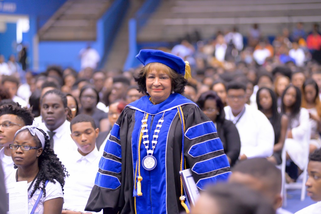JSU President Carolyn W. Meyers makes her way to the stage for the start of the Class of 2020 New Student Convocation. (Photo by Darek Ashley/JSU)