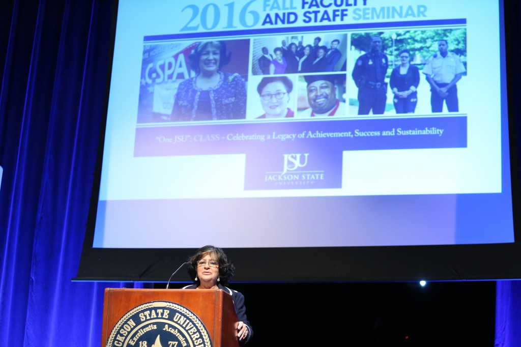 President Carolyn W. Meyers enumerates the many accomplishments by faculty, staff and students over the past year from academics to athletics and to an uptick in grants and awards. (Photo by Charles A. Smith/JSU)