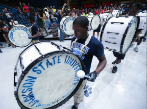 Jackson State University freshmen and upperclassmen perform during "The Merge" - a celebratory musical tribute to the end of summer band camp. (Photo by Charles A. Smith)