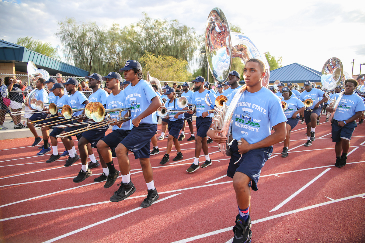 To thunderous applause Wednesday, JSU’s Sonic Boom marches in cadence as it prepares to hit the field for a special performance in Las Vegas. (Photo by Charles A. Smith/JSU)