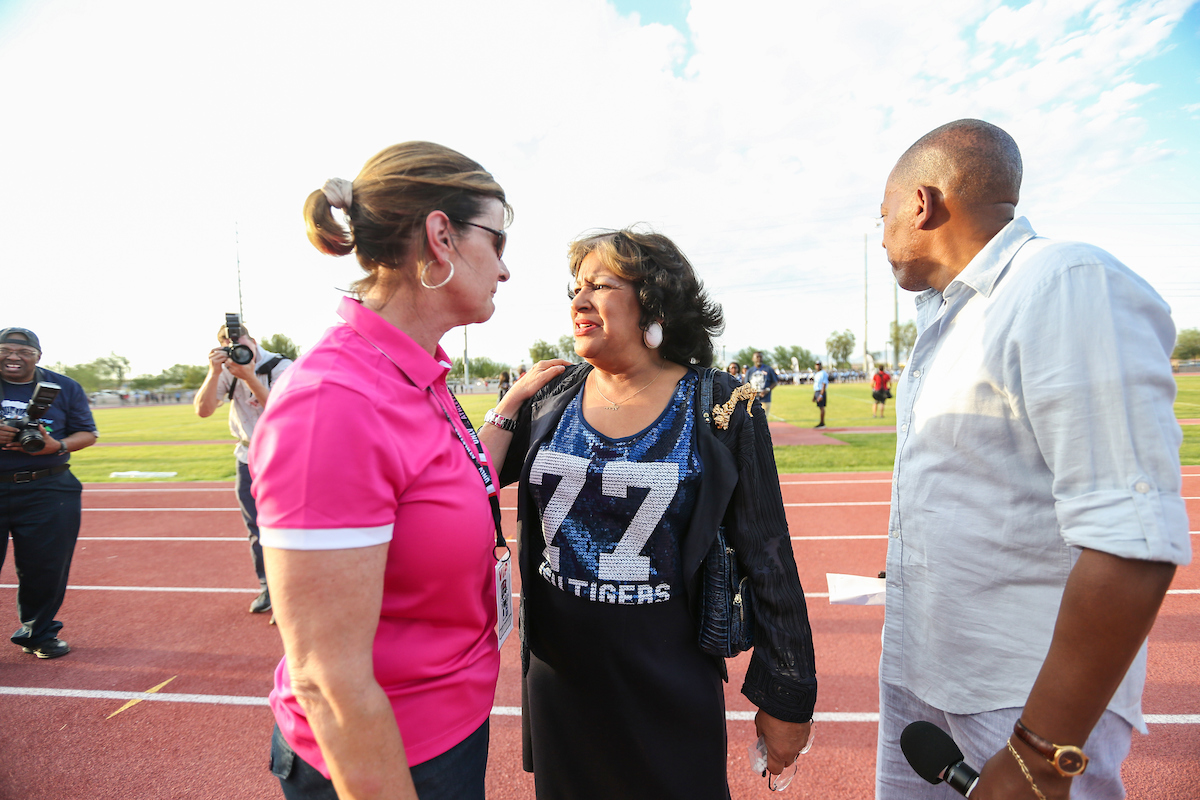 JSU President Carolyn W. Meyers greets UNLV athletic director Tina Kunzer-Murphy and Lawrence Weekly, chair of the Las Vegas Convention and Visitors Authority. (Photo by Charles A. Smith/JSU)