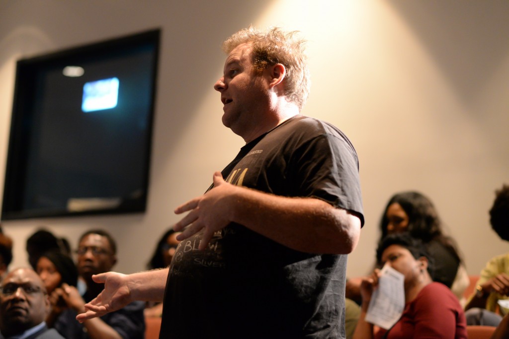 Commenting on immigration reform, this spectator demurred that many people view this election as a referendum on political correctness. He said that while Trump has made awful comments, arguments by the GOP candidate about immigration and national security remain valid. The audience participant then questioned the adequacy of Clinton’s strategy on terrorism and immigration. (Photo by Darek Ashley/JSU)