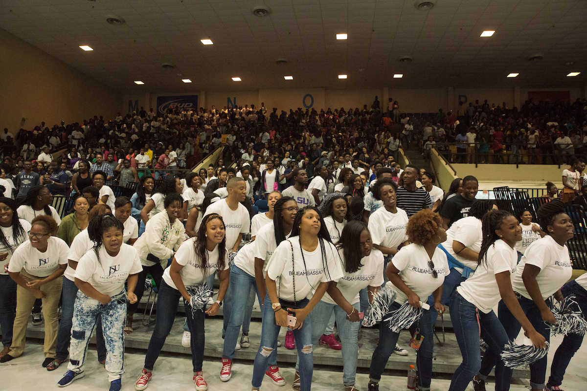 Getting into the groove, students collectively show their swag as they are entertained by the Sonic Boom during High School Day. Photo by Justin Hardiman/JSU.