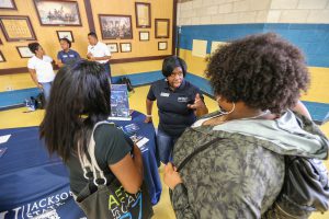 Recruiter Lynda J. Robinson answers questions from students inquiring about JSU’s academic and social programs. (Photo by Charles A. Smith/JSU)