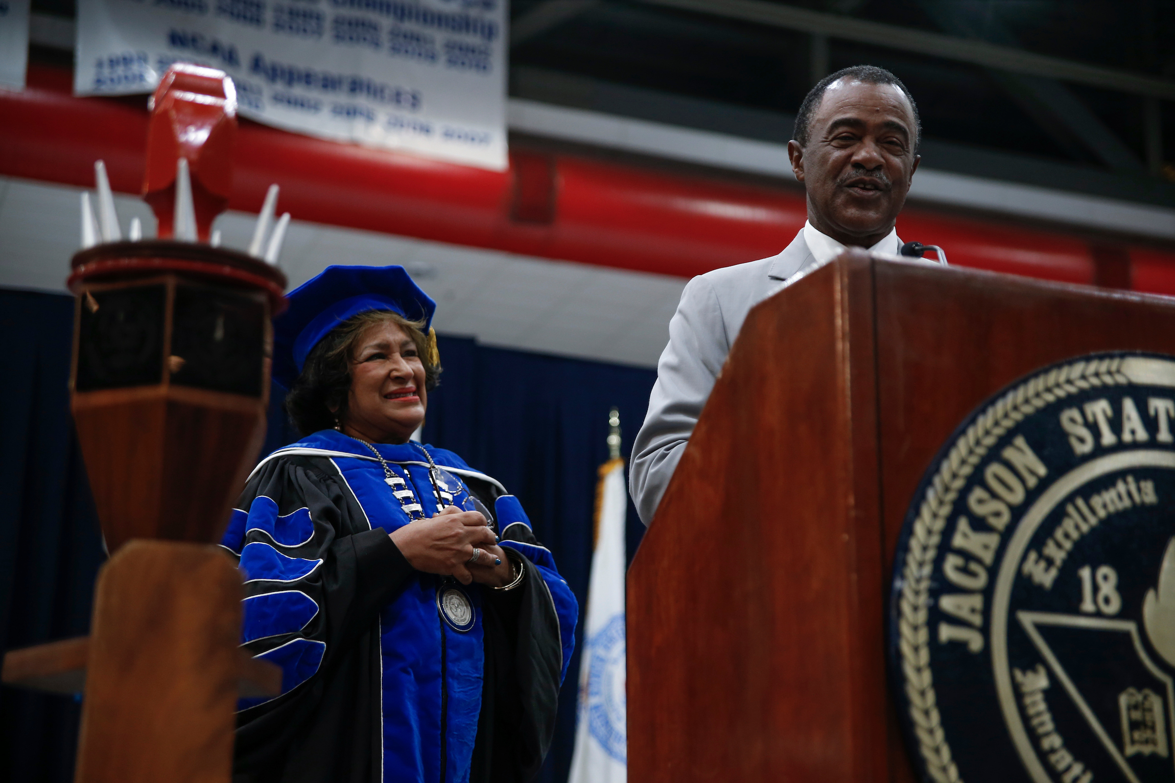 Coach Robert “Bob” Braddy was presented a proclamation during the event, recognizing his induction into the Mississippi Sports Hall of Fame and the National Collegiate Baseball Hall of Fame. (Photo by Charles A. Smith/JSU)
