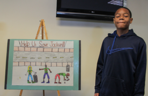 Illustrating teens picking up litter off streets, Kelvin Larkin, an eighth-grader at Cardozo Middle School, captioned his second-place poster “Help Us Save Jackson.”