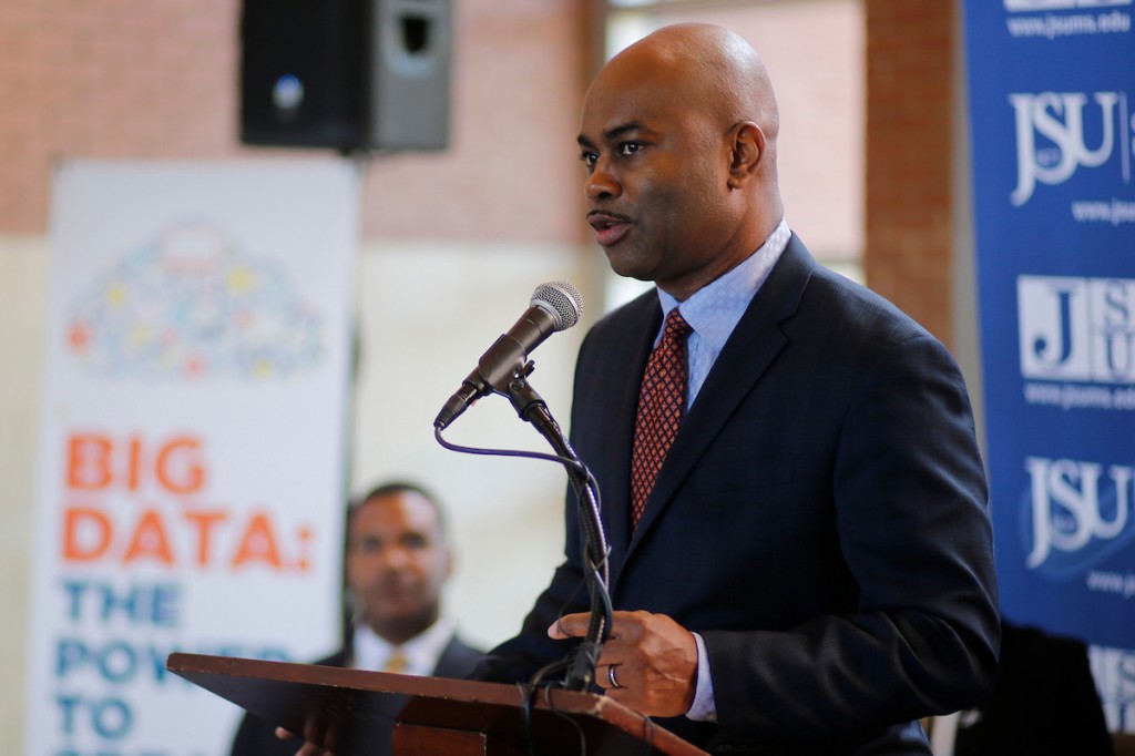 Derek McGowan, diversity outreach program manager for Lockheed Martin, said only 5,000 African Americans graduate every four to five years with degrees in STEM. “That’s a 1 percent yield on a 16-year investment on your education.” (Photo by Charles A. Smith/JSU)