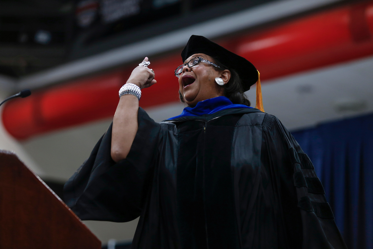 Keynote speaker Cynthia M.A. Butler-McIntyre rallies the audience during the 139th Founders’ Day Convocation inside the Lee E. Williams Athletics and Assembly Center on Thursday. She urged the audience to fully embrace its alma mater. (Photo by Charles A. Smith/JSU)