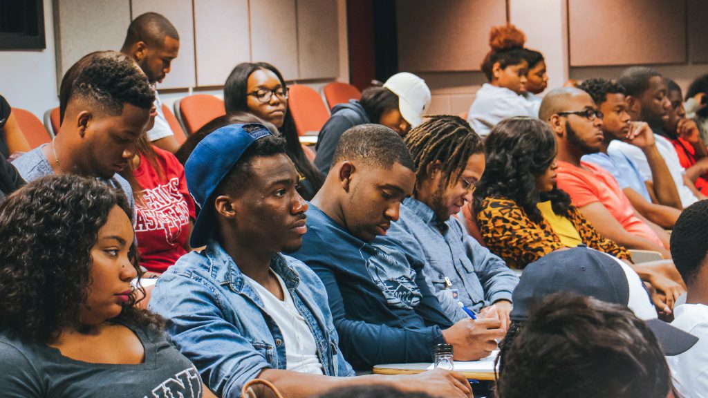Students listen attentively to the panelists talk about their previous experiences at the HBCU. (Photo by Kalin Norman/JSU)