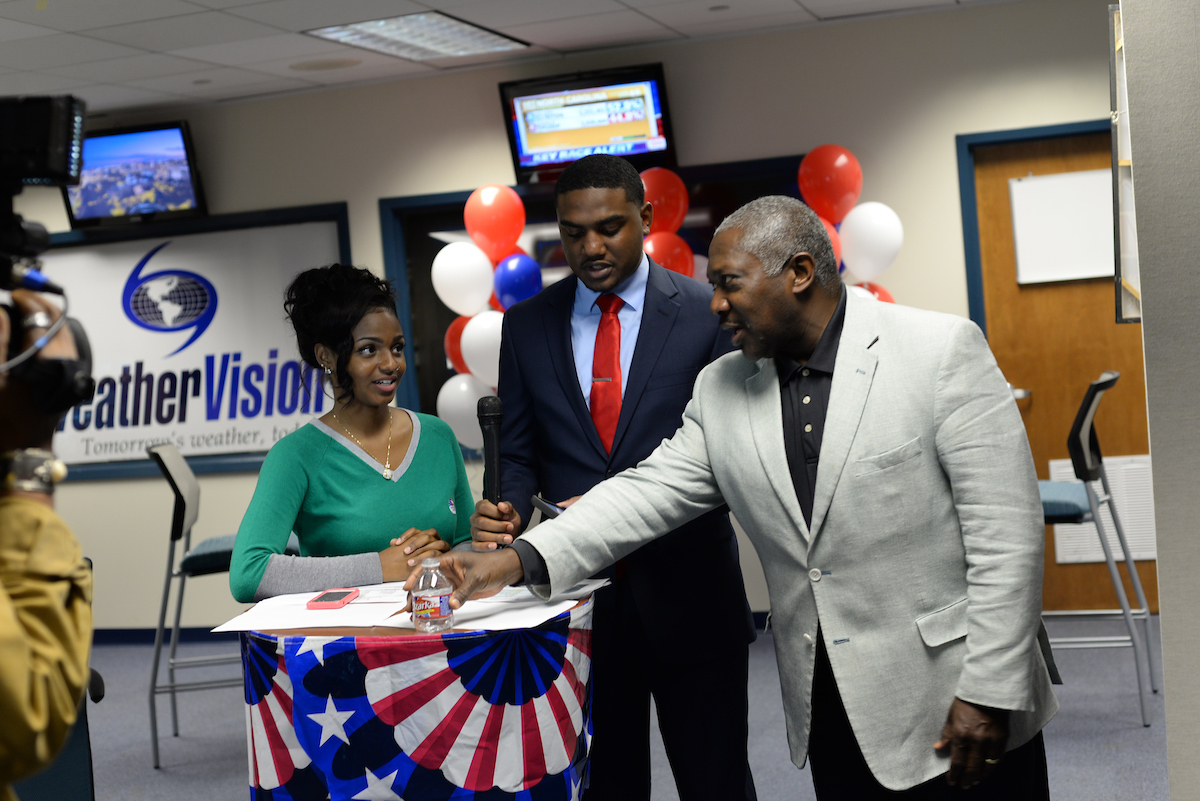 Student anchors from JSU’s School of Journalism and Media Studies prepare to interview state Sen. John Horhn in the greenroom during Election Day coverage Tuesday. (By Darek Ashley/JSU)