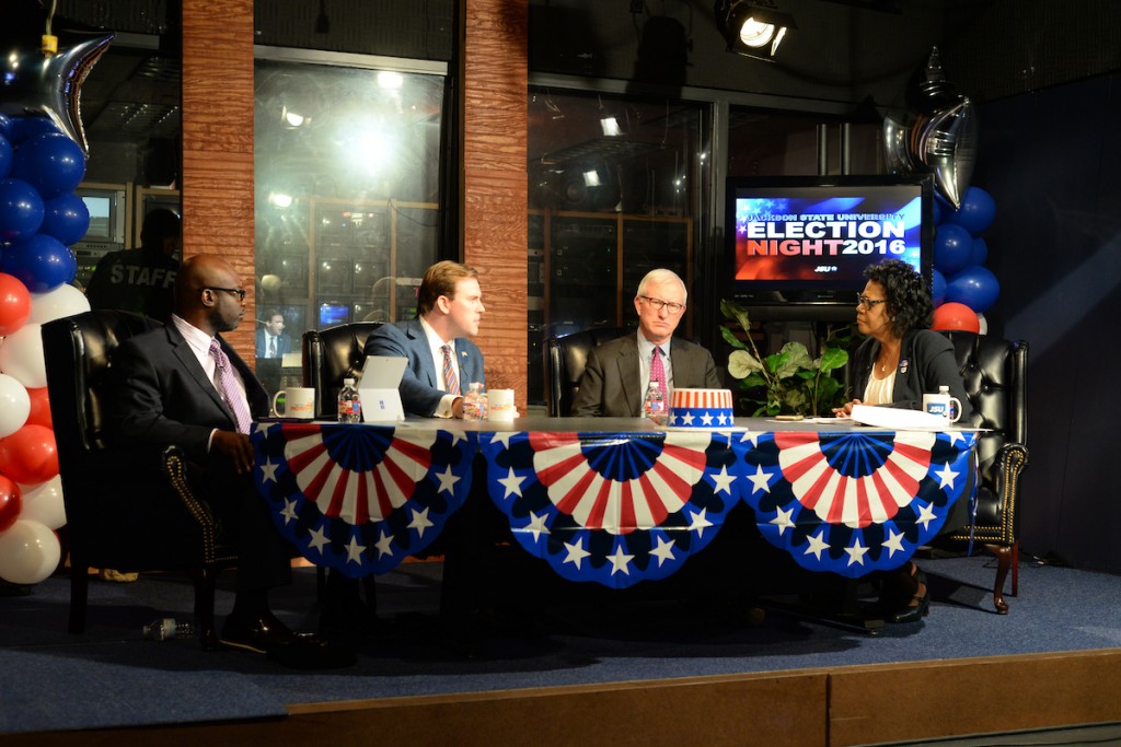 Dr. Elayne H. Anthony, dean of the journalism school, anchors during a spirited debate about the Mississippi Supreme Court on JSUTV. Her guests include, JSU professor Dr. Byron D’Andra Orey, left, GOP strategist Amile Wilson, and former Mississippi Democratic Gov. Ronnie Musgrove. (By Darek Ashley/JSU)