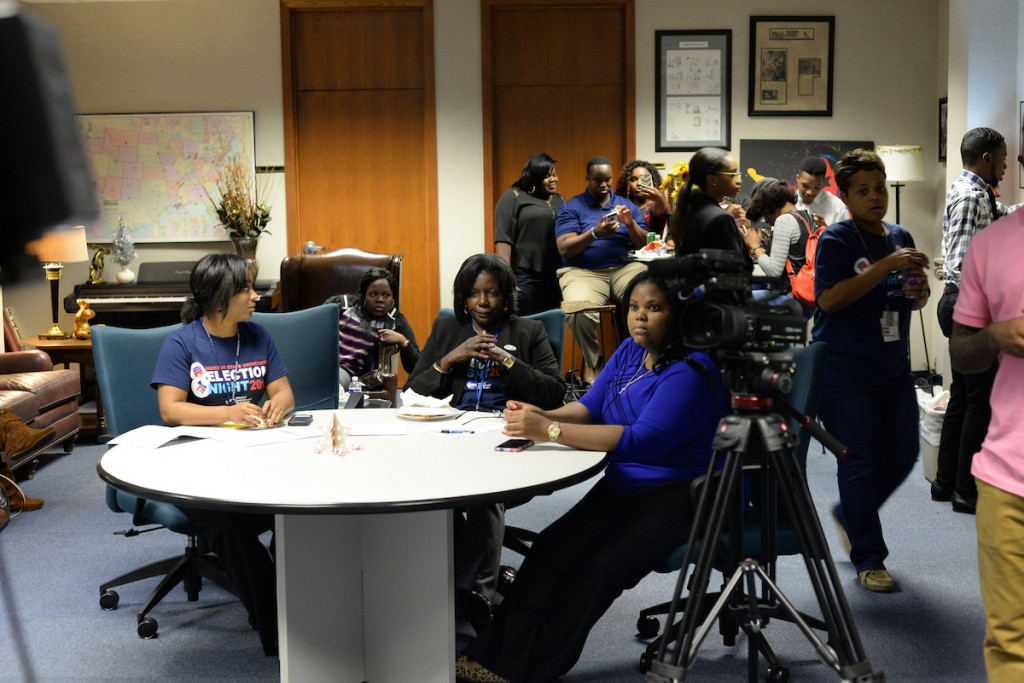 Students, staff and guests tune in to election coverage in the greenroom. (By Darek Ashley/JSU)