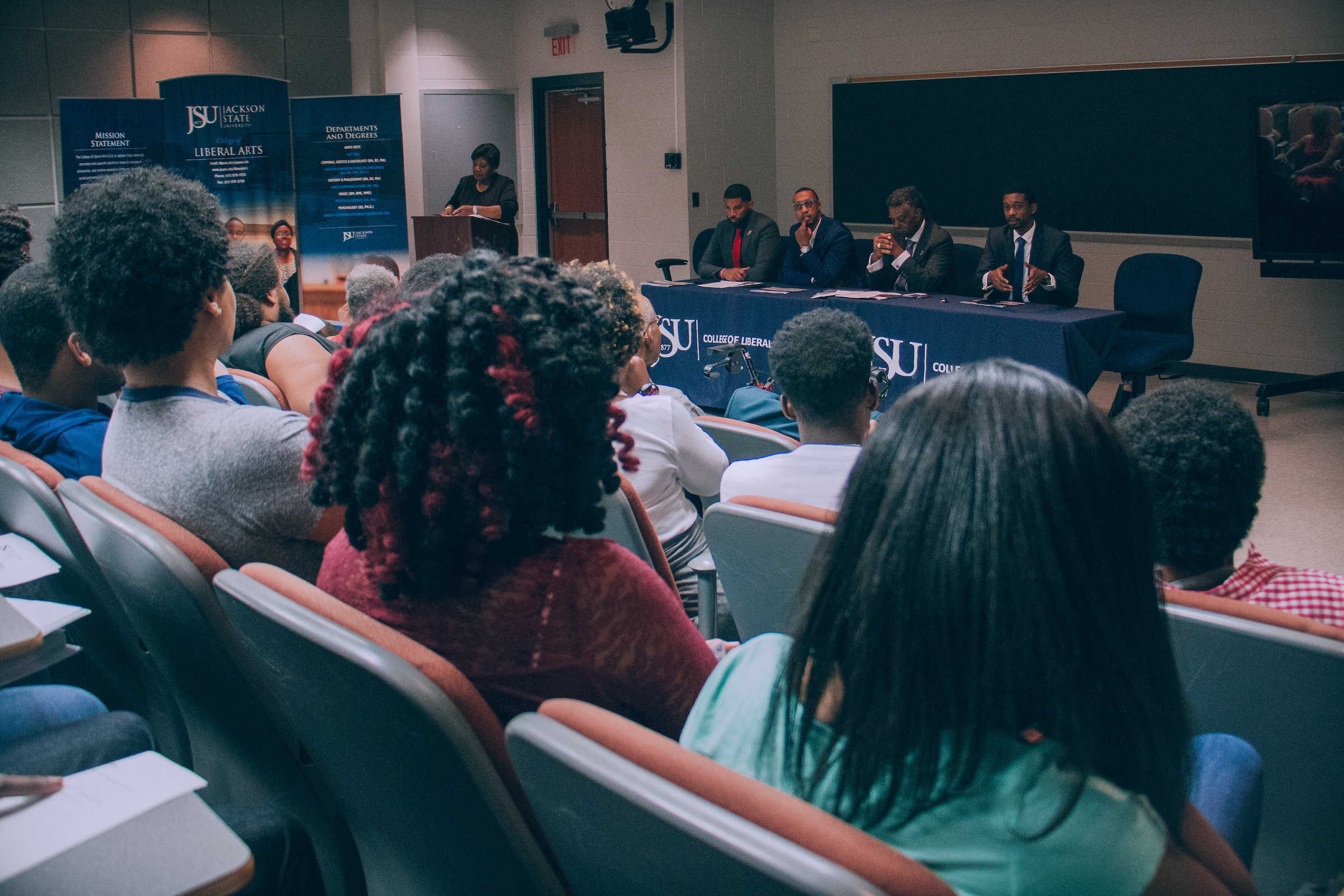 College of Liberal Arts Notable Alumni Panel was moderated by Special Assistant Attorney Genral Maudine Eckford. Panelists included: Director of Alternative Education in the Office of Compulsory School Attendance Enforcement Damien D. Thomas, JSU class of '03; Co-founder and Co-ceo of the Blueprint Group Cortez Bryant, JSU Class of '04; Director of jazz studies/Admissions and Registration at Broward College Dr. Malcolm Mazique "Mike" Black, JSU class of '59'; Ward 6 Councilman Tyrone Hendrix, JSU class of '06 (Photo by Kalin Norman/JSU)