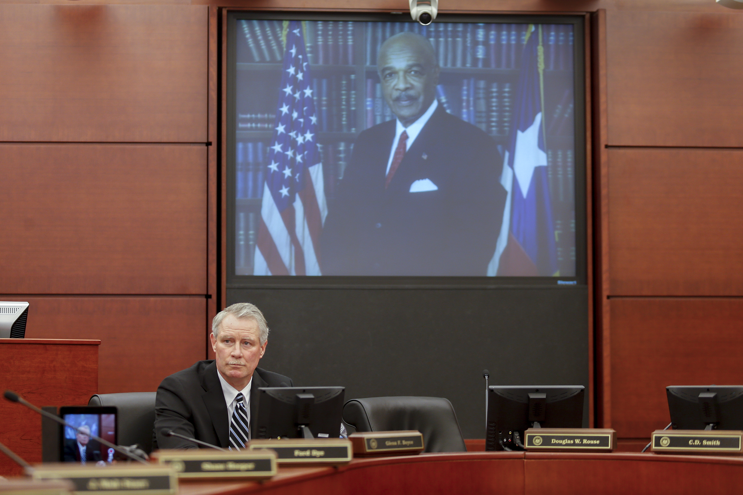Commissioner Dr. Glenn Boyce of the Mississippi Institutions of Higher Learning joins Dr. Rod Paige, incoming interim president of Jackson State University, in a press conference Tuesday with the news media. Boyce and Paige expressed optimism for the future of JSU. (Photo by Charles A. Smith/JSU)