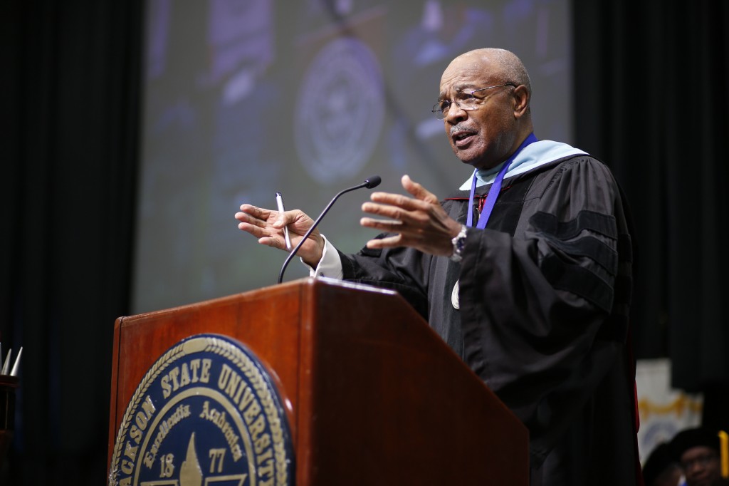 Dr. Rod Paige, interim president, channeled his former days as a JSU football coach as he inspired the 2016 graduates. (Photo by Charles A. Smith/JSU)