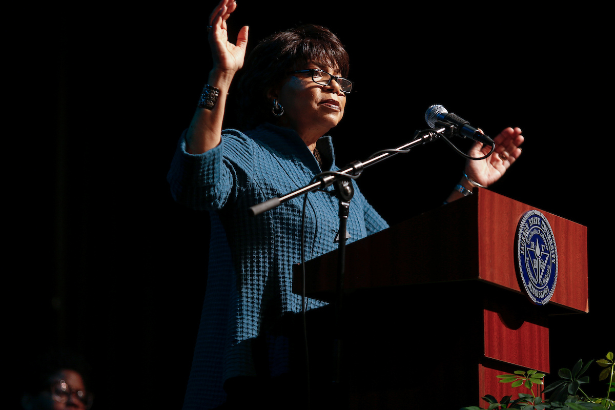 Keynote speaker Cheryl Brown Henderson said her father, the Rev. Oliver L. Brown, unexpectedly became the “standard-bearer” for the case of Brown v. the Topeka Board of Education despite not being the lead plaintiff. Brown Anderson addressed an audience of faculty and staff during the 49th Annual Martin Luther King Jr. Birthday Convocation on Friday inside the Rose E. McCoy Auditorium. (Photo by William Kelly/JSU)