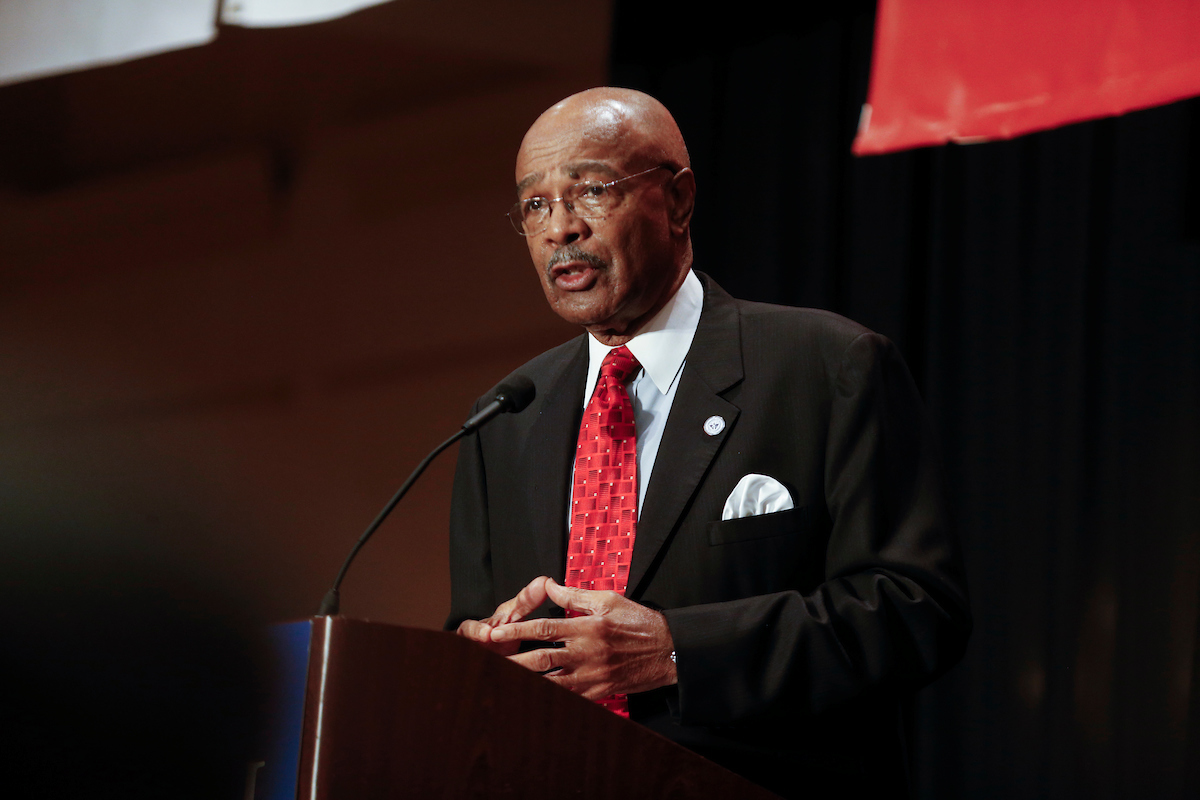 JSU interim President Dr. Rod Paige urges an audience of business leaders and politicians attending Capital Day for the Mississippi Economic Council to continue supporting Jackson State because of its economic impact on the city and state. Paige spoke Thursday morning inside the downtown Marriott. (Photo by Charles A. Smith/JSU)