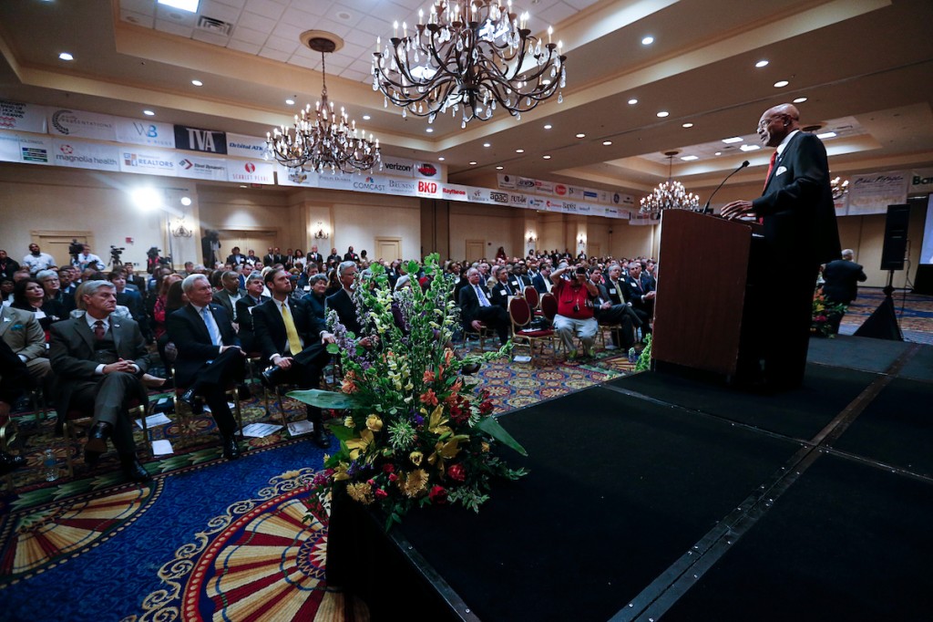 Paige, who had shared the stage with Mississippi Gov. Phil Bryant and Secretary of State Delbert Hosemann, describes a roomful of stakeholders as “the wind of the wings” for helping the university soar to greater heights. (Photo by Charles A. Smith/JSU)