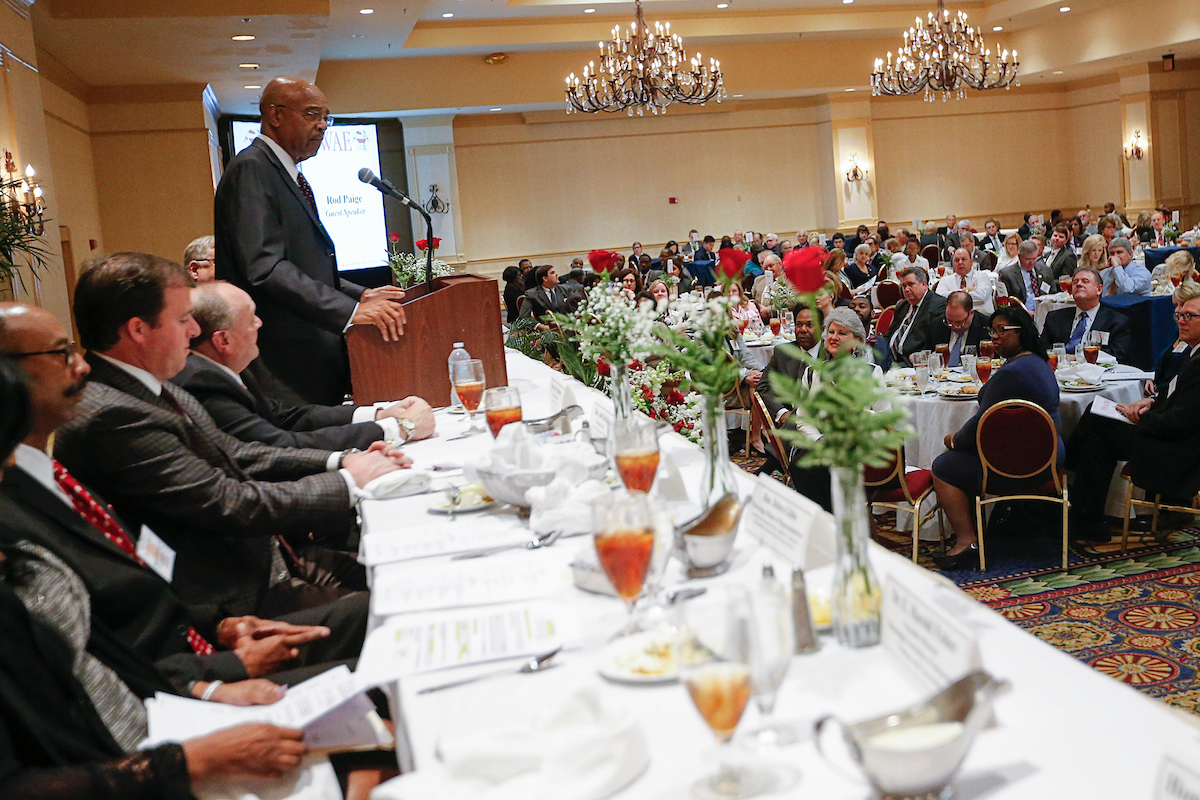 JSU interim President Rod Paige hails higher education for buttressing the U.S. and elevating people out of poverty. He spoke Tuesday in the downtown Marriott before a capacity crowd of legislators, university presidents, student and faculty scholars, and corporate sponsors. The celebration marked the 30th anniversary of Higher Education Appreciation Day, Working for Academic Excellence (HEADWAE). (Photo by Charles A. Smith/JSU)
