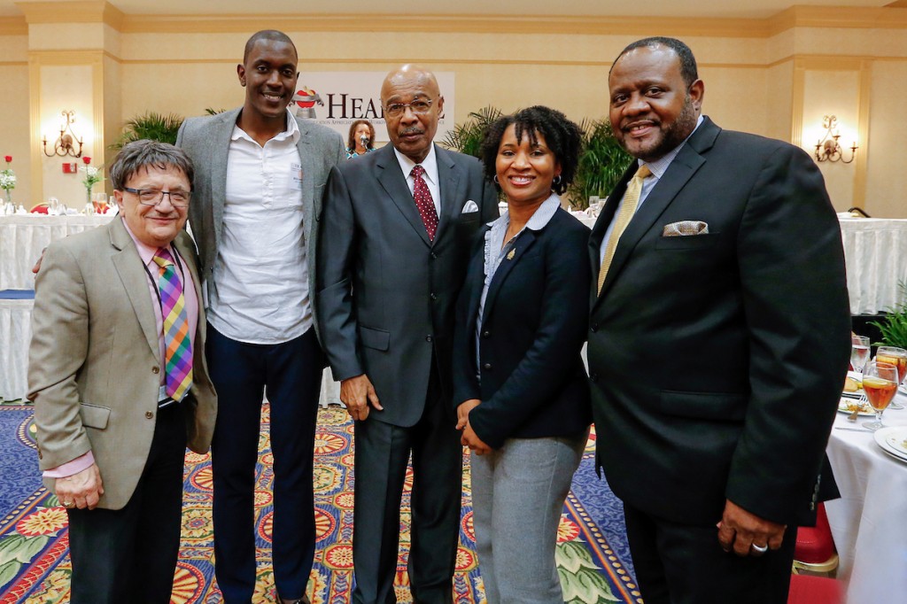 Representing academic success at JSU are Dr. Richard A. Aló, dean of the College of Science, Engineering and Technology; William Kayitare, a senior chemistry student; interim President Rod Paige; Dr. Deidre L. Wheaton, an assistant professor in the Department of Interdisciplinary Studies; and Dr. Daniel Watkins, dean of the College of Education. (Photo by Charles A. Smith/JSU)