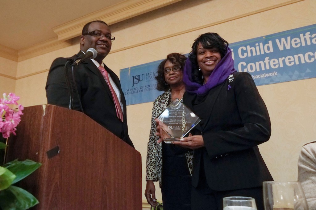 Muhammad is honored by JSU’s School of Social Work and the College of Public Service. She’s joined by Dr. Isiah Marshall, associate dean and chair of Social Work, and Dr. Theresia Johnson-Ratliff, clinical associate professor and program field director for Master of Social Work. Photo by Charles A. Smith/JSU.