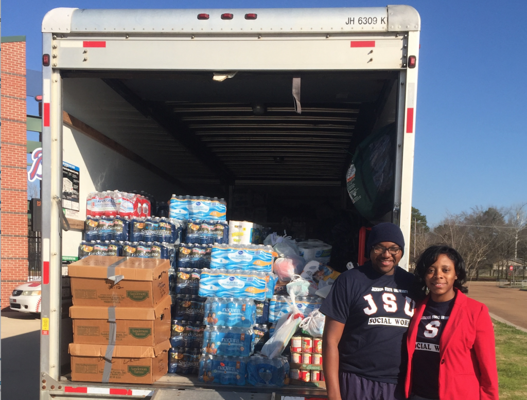 Ahfiya Howard, interim chair of the Bachelor of Social Work department, aided in the collection of items for William Carey College, which sustained damage from a recent tornado. She was joined by Melvin McNair, a senior social work major and president of the Phi Alpha social work association.