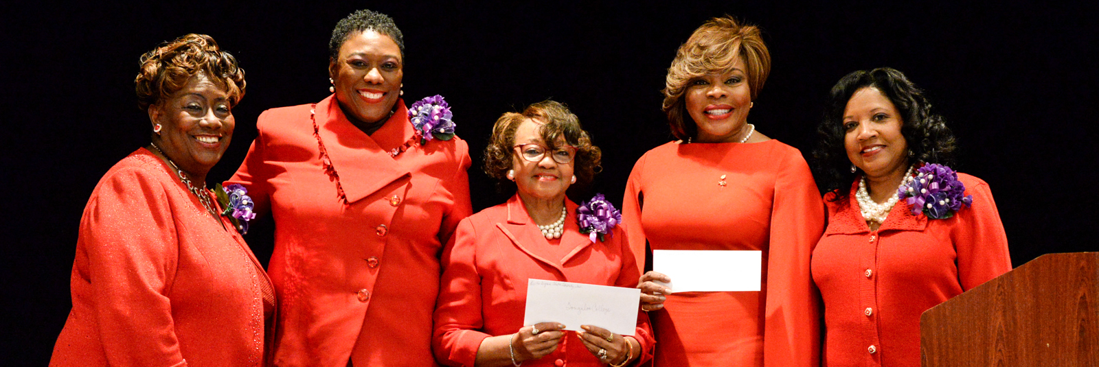 Jackson State University and Tougaloo College are each the recipients of $10,000.00 generated from personalized Delta car tags in the state. Left to right: Delta Sigma Theta Sorority National President Paulette C. Walker; Carshena Bailey, Mississippi State Coordinator; Doris Bridgeman, who represented Tougaloo College; Stephanie Nellons-Paige, Interim First Lady of Jackson State University; and JMAC President Denise Griffin-Whittington.