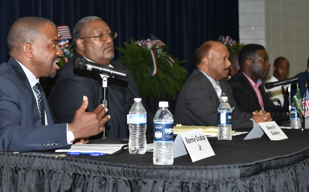 Mayoral candidates for the City of Jackson address a number of issues raised by panelists and audience members recently during a political forum in the Jacob L. Reddix Hall on the main campus. The event was jointly sponsored by JSU’s Class of 2018 and Young Democrats of Mississippi. (Photo by William Kelly III)