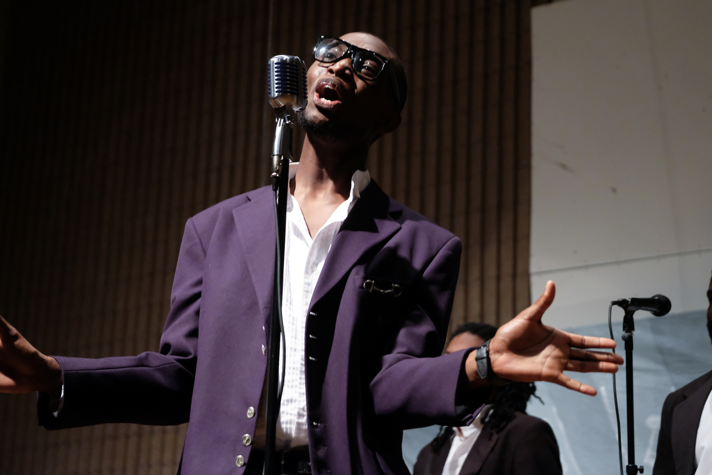 Jordan Scott channels David Ruffin in the Temptations classic "Ain't Too Proud to Beg" during the Department of Music's "From Mozart to Motown" musical theater production. (Charles A. Smith/JSU)